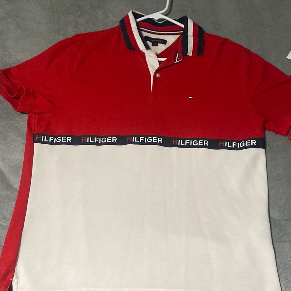 Tommy Hilfiger Red and White Polo Shirt with Classic Design